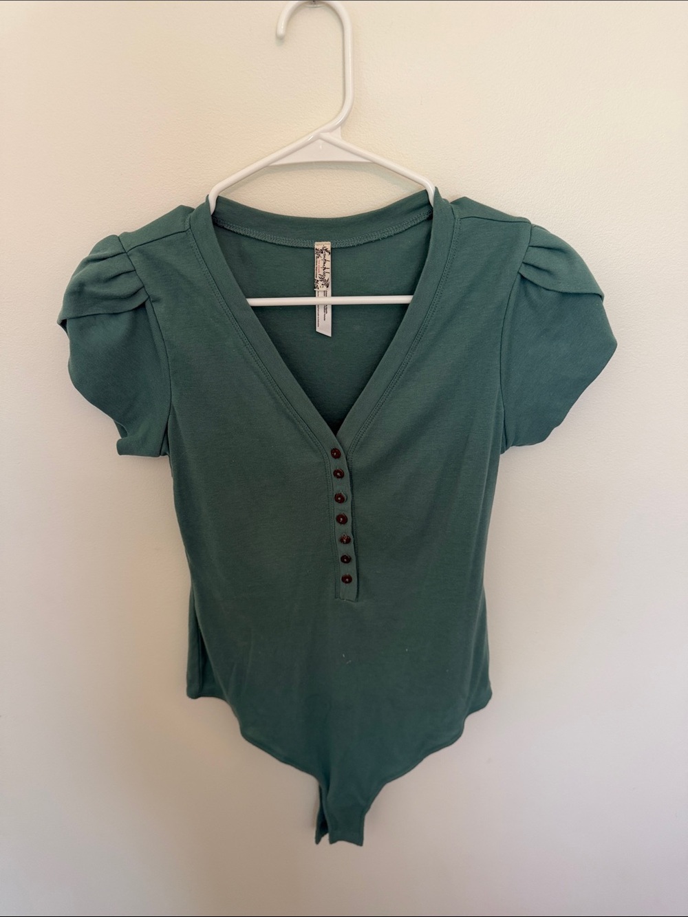 Free People Forest Green V-Neck Button-Front Bodysuit